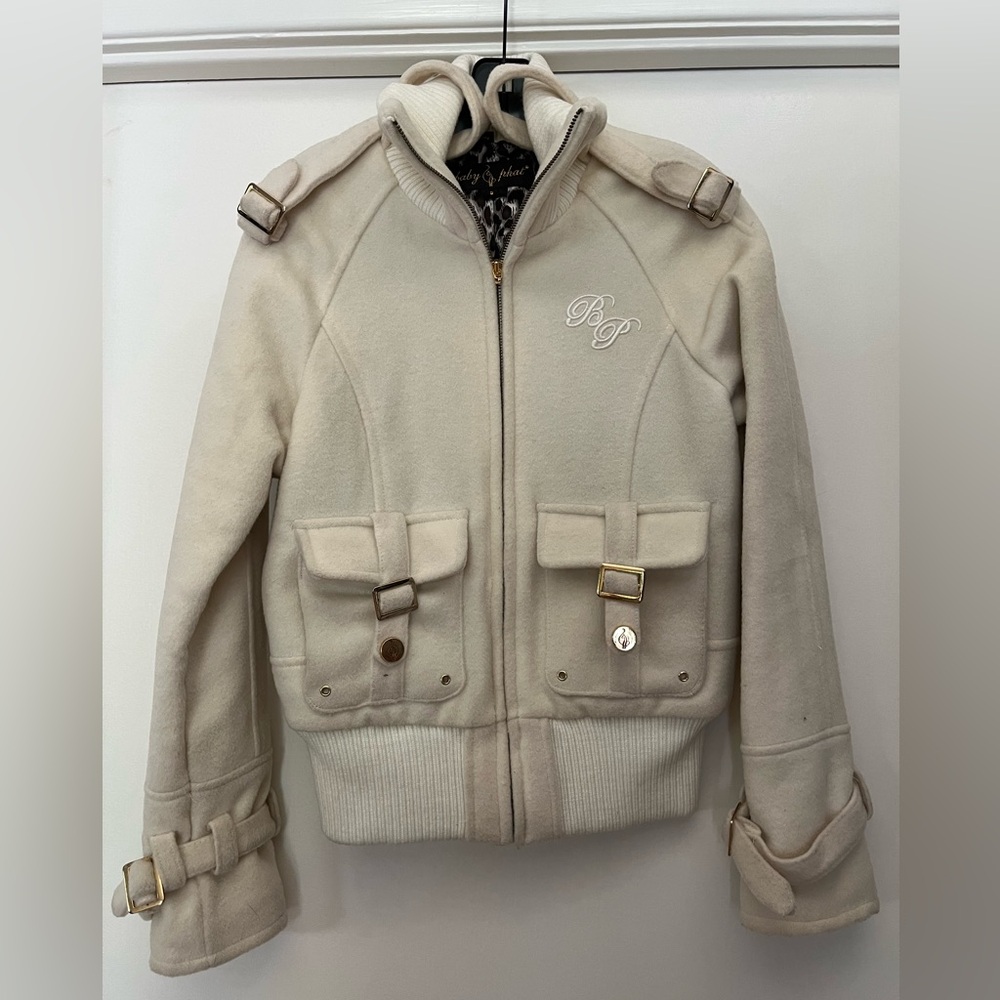 Baby Phat ivory jacket, wool blend outer , animal print lining. Bomber style